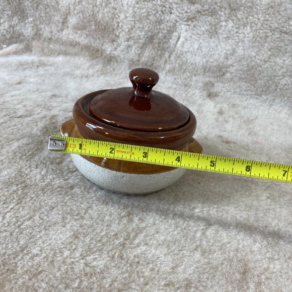 Vintage Stoneware Small Bean Pot in Tan and Brown Glaze Farmhouse - Picture 9 of 9